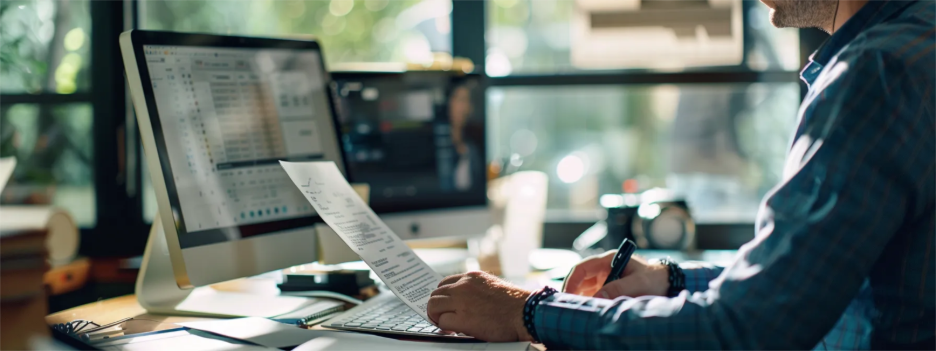 A man sits at a computer in front of a window, exploring fax services' flexibility and scalability. 